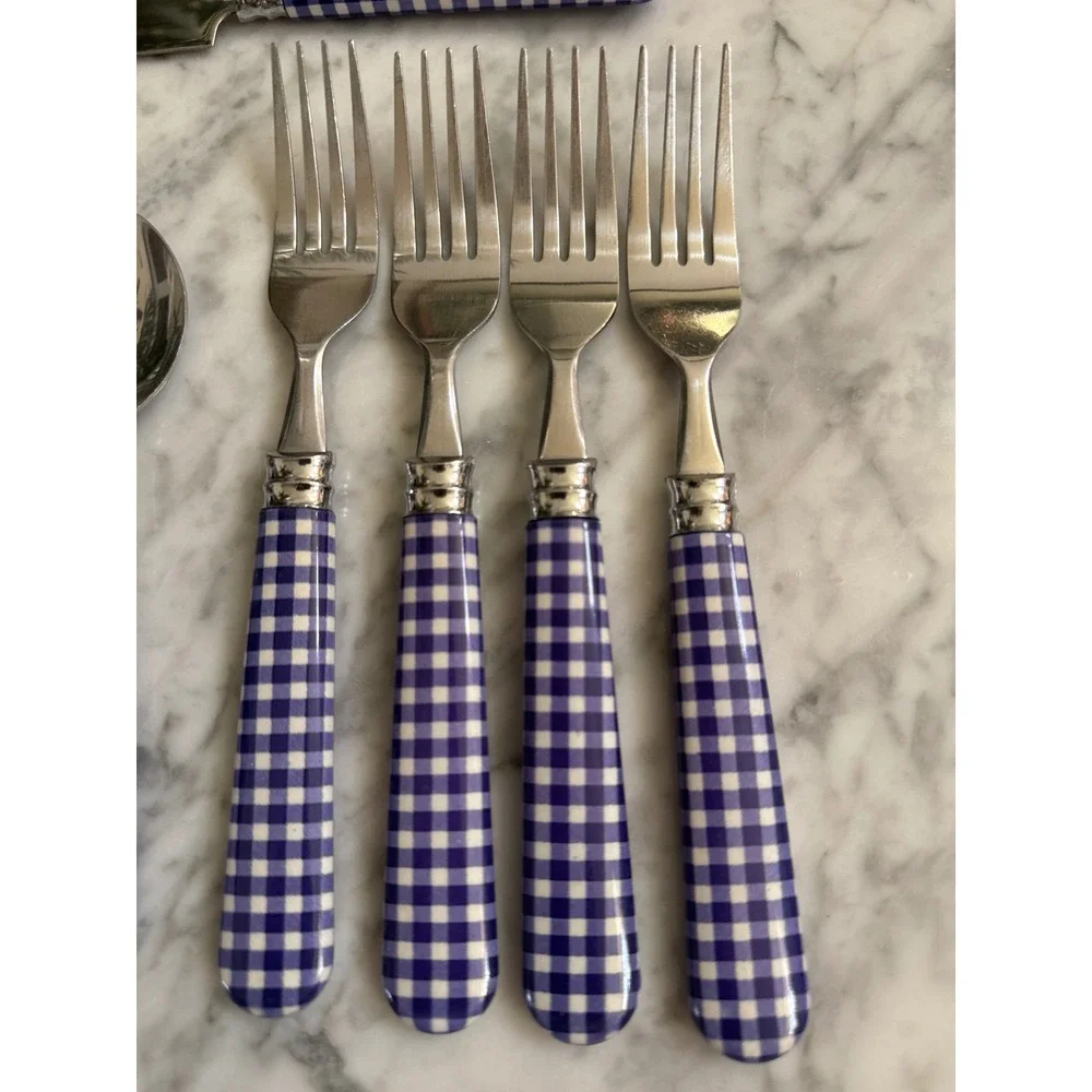 Purple Gingham Flatware Set 11pc Stainless Steel Checkered Knives Forks Spoons